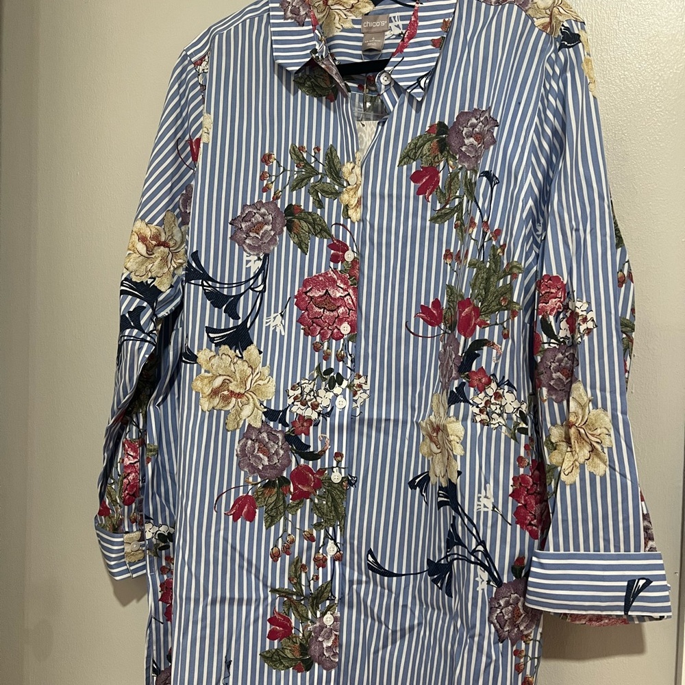 Chico's Blue and White Striped Floral Button-Down Shirt